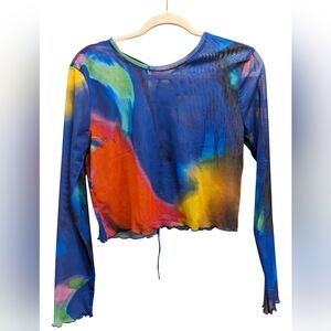 Zara Multicolor Abstract Sheer Tulle Blouse with Tie Back Size Large